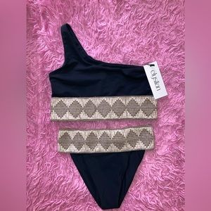 NWT Elysiian Milos Two Piece Woven Swimsuit Black & Beige Size S-M